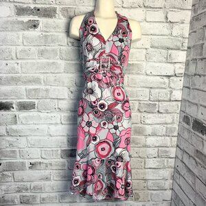 Vintage Babydoll Metallic Pink Floral Ruffle Midi Halter Dress New NWOT